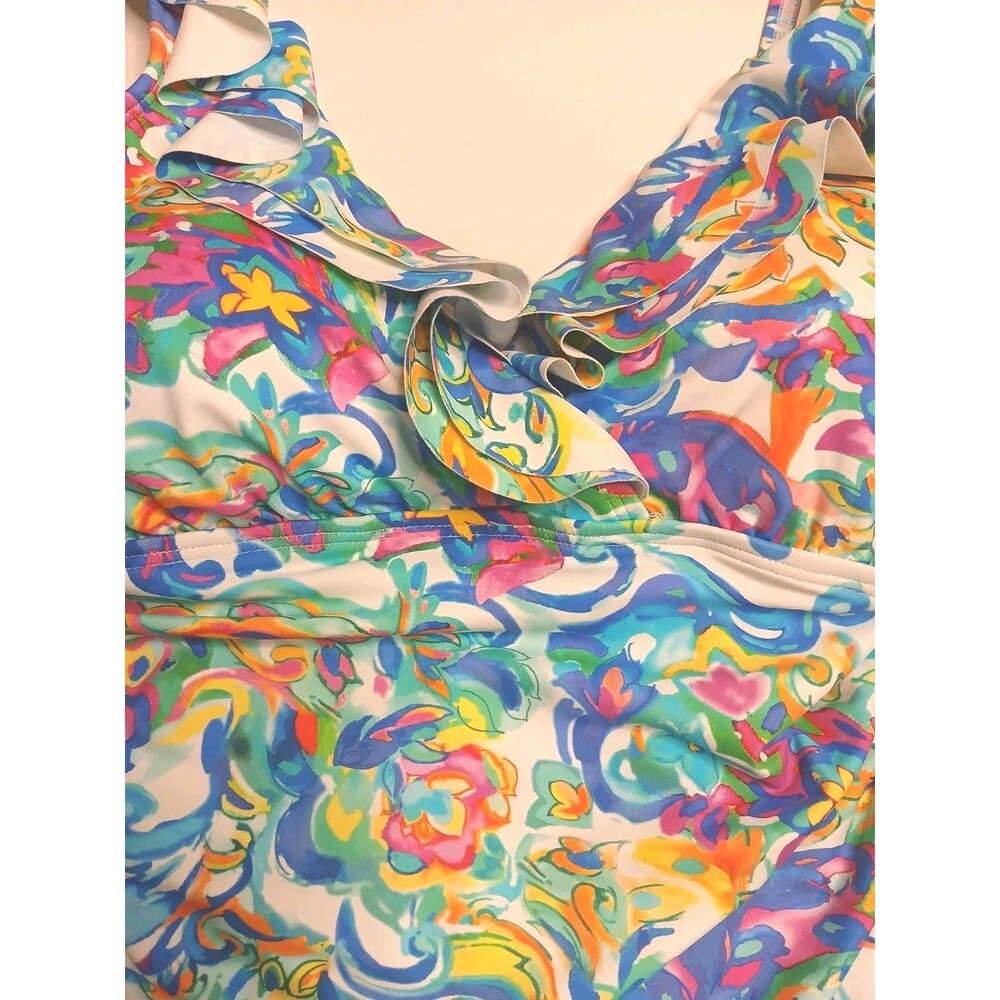 LAUREN Ralph Lauren Swimsuit Sz 8 Ruffle V-neck One Piece Multi Print - Picture 4 of 15